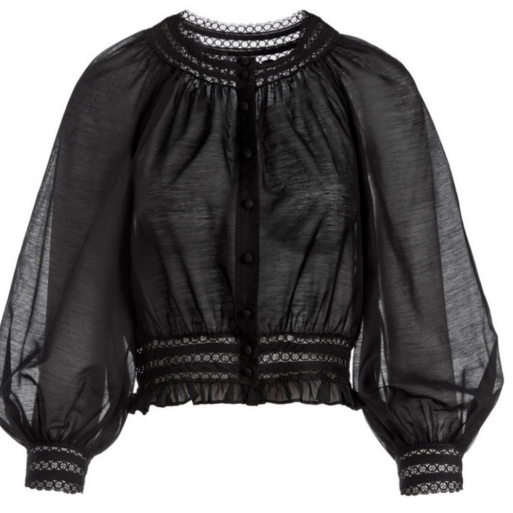 Alice +Olivia Cherelle Button Front Lace Trim Puff Sleeve Blouse Black